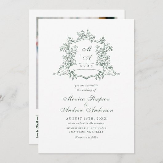 Elegante Sage Green French Garden Wedding QR Code Einladung (Vorne/Hinten)