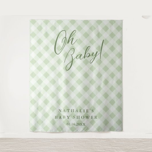 Elegante Sage Green Gingham Baby Dusche Hintergrun Wandteppich (Vorderseite)