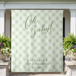 Elegante Sage Green Gingham Baby Dusche Hintergrun Wandteppich