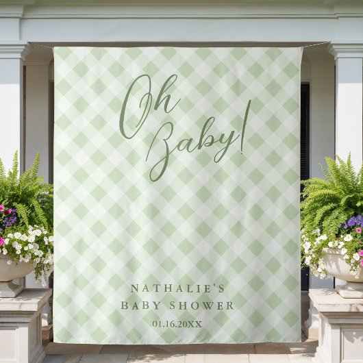 Elegante Sage Green Gingham Baby Dusche Hintergrun Wandteppich