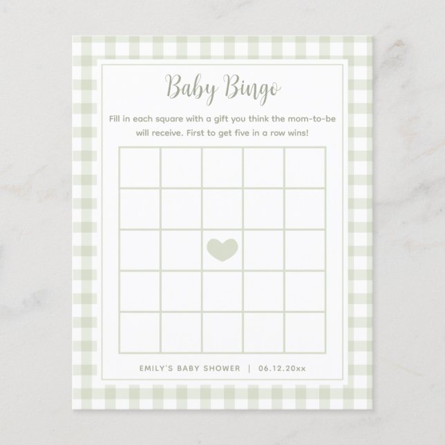 Elegante Sage Green Gingham Baby Shower Bingo Game (Vorderseite)