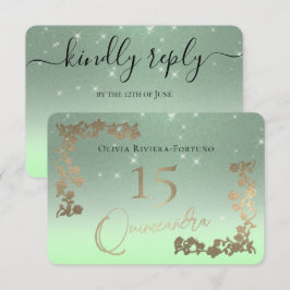 Elegante Sage Green Glitzer Chic Floral Quinceaner RSVP Karte
