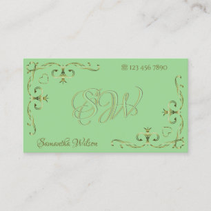 Elegante Sage Green Golden Verziert Corners Initia Visitenkarte