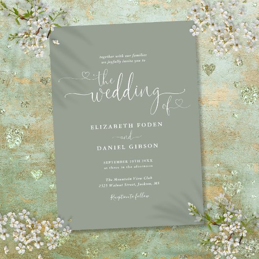 Elegante Sage Green Hearts Calligraphy Wedding Einladung