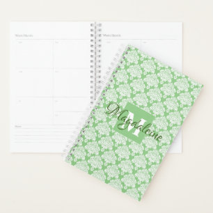Elegante Sage Green Lacy Damask Name & Initial Planer