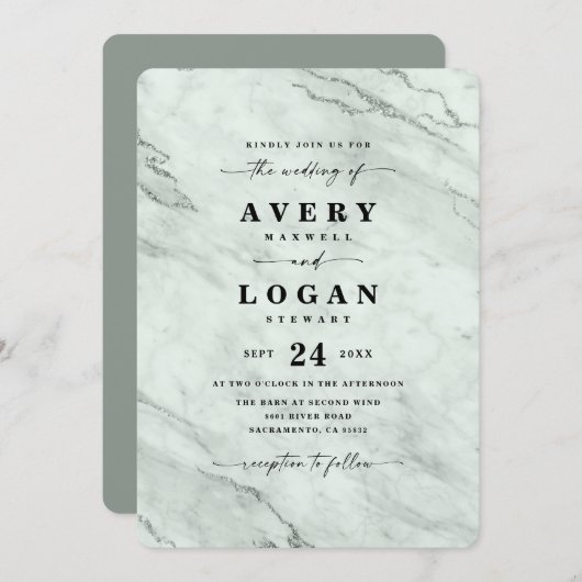 Elegante Sage Green Metallic Marmorhochzeit Einladung (Vorne/Hinten)