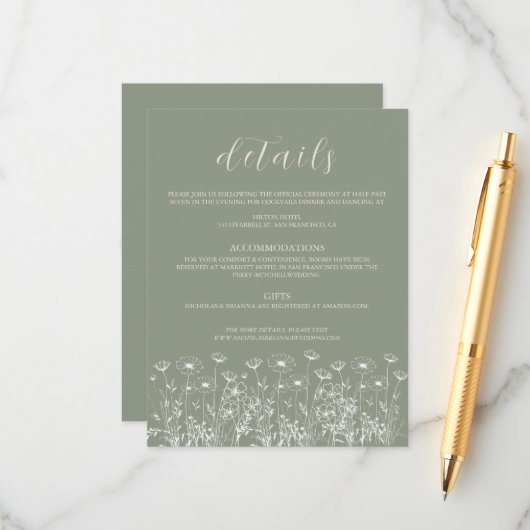 Elegante Sage Green Minimalistisch Boho Floral Wed Begleitkarte (Vorderseite/Rückseite Beispiel)