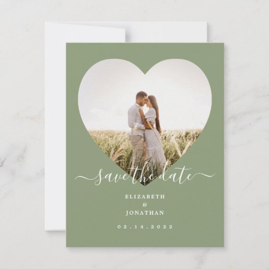 Elegante Sage Green Minimalistisch Heart Foto Wedd Save The Date (Vorderseite)