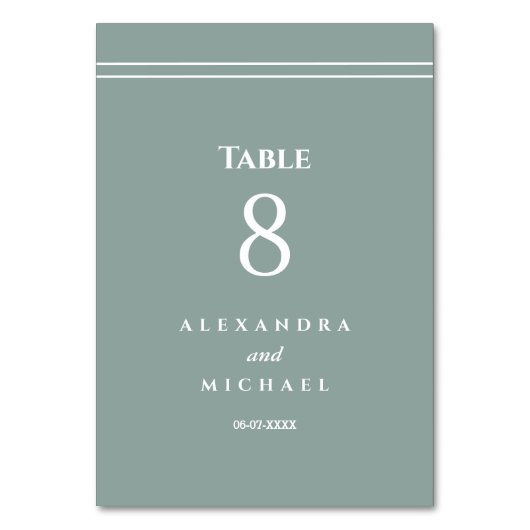 Elegante Sage Green Minimalistisch Moderne Hochzei Tischnummer (Rückseite)