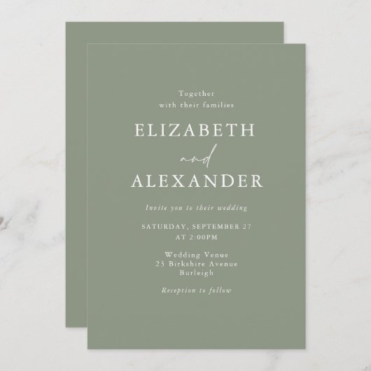 Elegante Sage Green Minimalistisch Wedding Einladung (Vorne/Hinten)