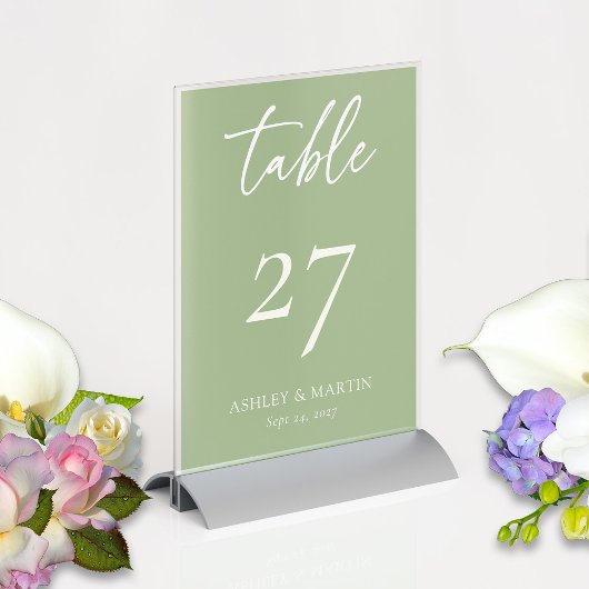 Elegante Sage Green mit Elfenbeinskripthochzeit Tischnummer