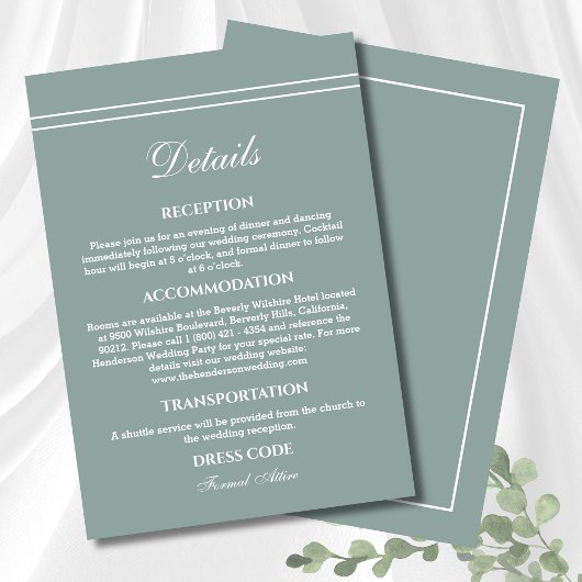 Elegante Sage Green Modern Wedding Details Begleitkarte