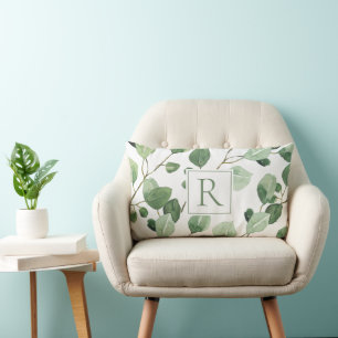 Elegante Sage Green Monogram Blätter Lendenkissen