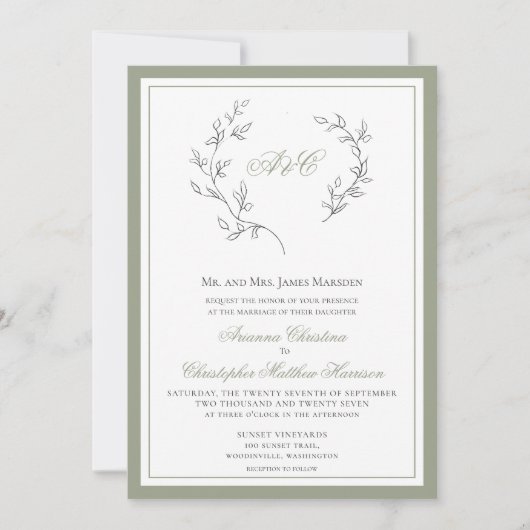 Elegante Sage Green Monogram Leaf Wreath Wedding i Einladung (Vorderseite)