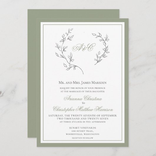 Elegante Sage Green Monogram Leaf Wreath Wedding i Einladung (Vorne/Hinten)