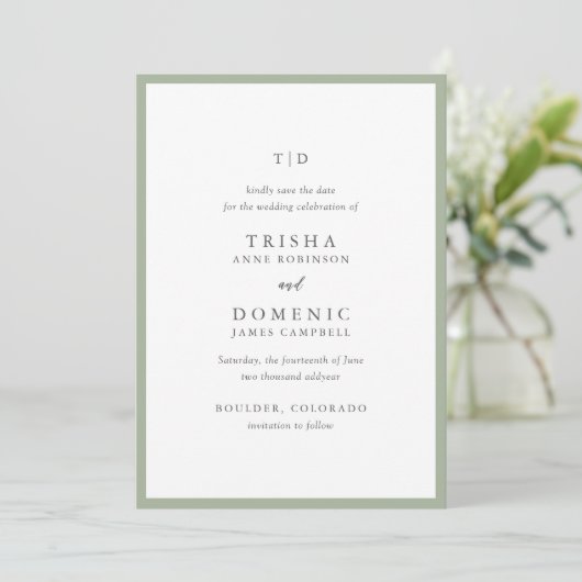 Elegante Sage Green Monogram Modern Wedding Save The Date (Stehend Vorderseite)