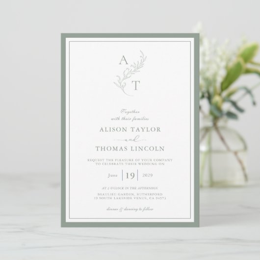 Elegante Sage Green Monogram Wedding Frame Einladung (Stehend Vorderseite)
