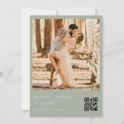 Elegante Sage Green QR Code Foto Hochzeit Einladung (Rückseite)