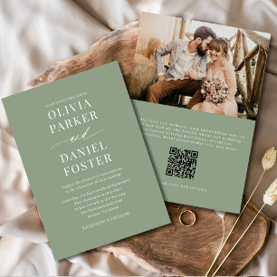 Elegante Sage Green QR Code Foto Hochzeit Einladung
