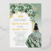 Elegante Sage Green Rose Floral Quinceañera Party Folieneinladung (Vorderseite)
