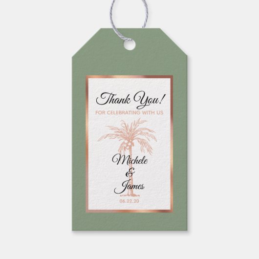 Elegante Sage Green Rose Gold Palm Tree Hochzeit Geschenkanhänger (Vorderseite)
