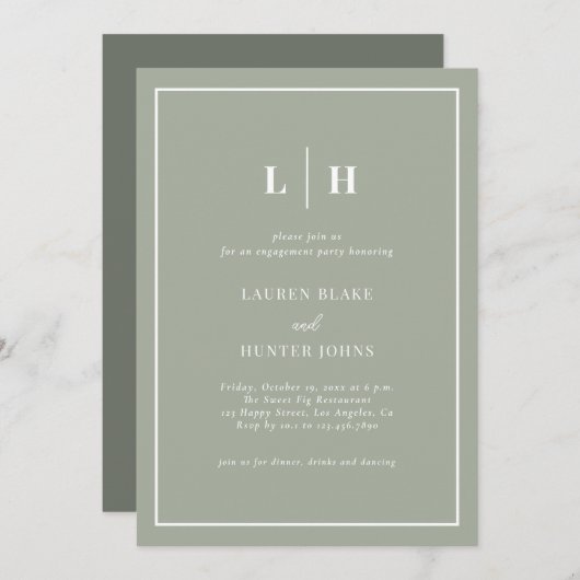 Elegante Sage Green Script Engagement Party Einladung (Vorne/Hinten)