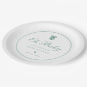 Elegante Sage Green Script Girls Oh Baby Shower Pappteller (Schrägansicht)