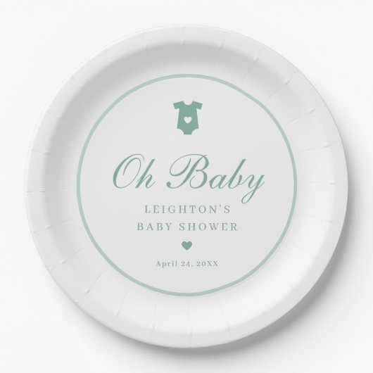 Elegante Sage Green Script Girls Oh Baby Shower Pappteller (Vorderseite)