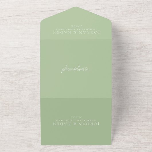 Elegante Sage Green Script Monogram Wedding All In One Einladung (Außenbereich)