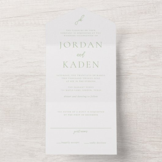 Elegante Sage Green Script Monogram Wedding All In One Einladung (Innen Boden)