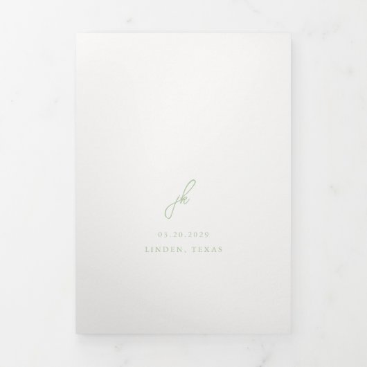 Elegante Sage Green Script Monogram Wedding Dreifach Gefaltete Einladung (Cover)