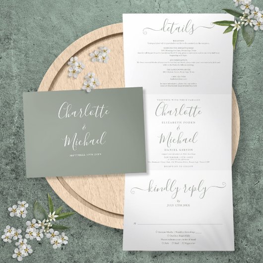 Elegante Sage Green Script Monogram Wedding Dreifach Gefaltete Einladung