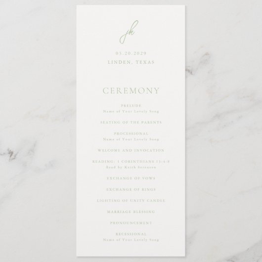 Elegante Sage Green Script Monogram Wedding Programm (Vorderseite)