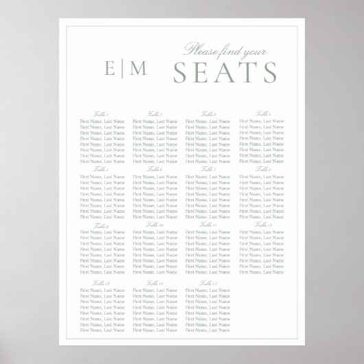 Elegante Sage Green Script Monogram Wedding Seat Poster (Vorne)