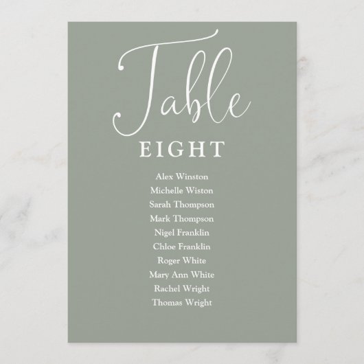 Elegante Sage Green Seating Chart Tischnummer (Vorderseite)