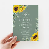 Elegante Sage Green Sunflower Cross Taufe Einladung
