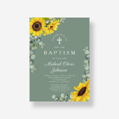 Elegante Sage Green Sunflower Cross Taufe Einladung