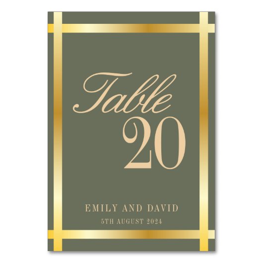 Elegante Sage Green und Golden Borders Wedding Tischnummer (Vorderseite)
