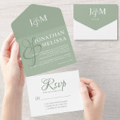 Elegante Sage Green und White Monogram Wedding All In One Einladung