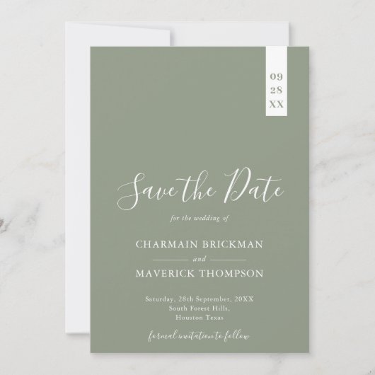 Elegante Sage Green und White Script Wedding Save The Date (Vorderseite)