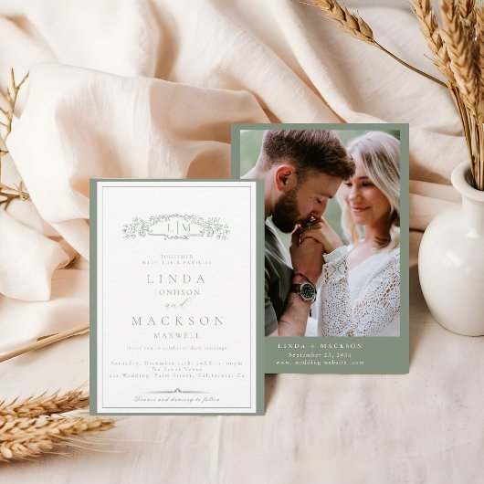 Elegante Sage Green Wappen Monogram Wedding Einladung