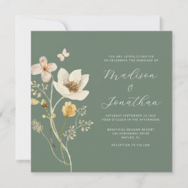 Elegante Sage Green Watercolor Wildblume Hochzeit Einladung