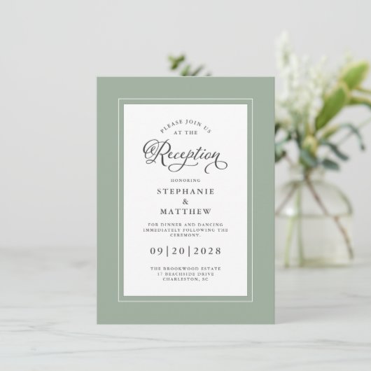 Elegante Sage Green Wedding Reception Chic Borders Begleitkarte (Stehend Vorderseite)