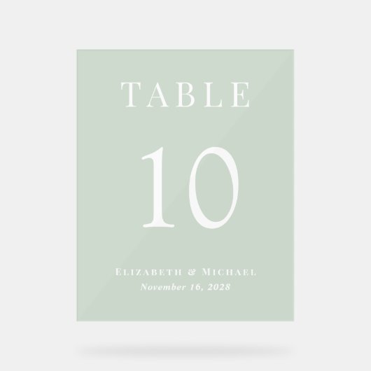 Elegante Sage Green Wedding Reception Tischnummer Acrylschild (Vorderseite)