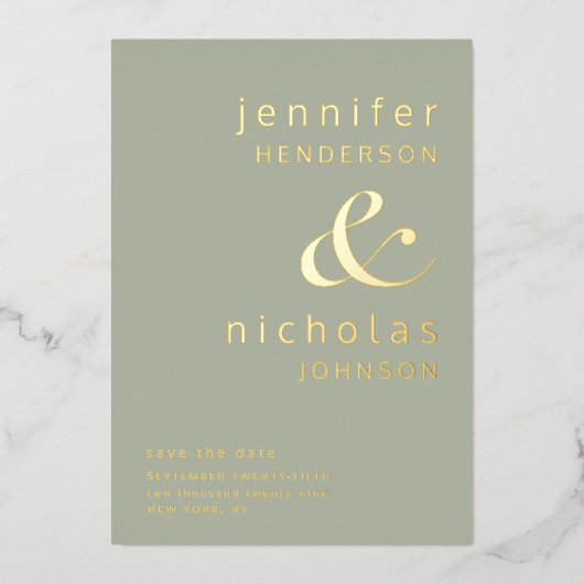 Elegante Sage Green Wedding rettet das Datum Gold Folieneinladung (Vorderseite)