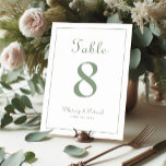 Elegante Sage Green Wedding Rezeption formales Abe Tischnummer<br><div class="desc">Die Dekoration der Hochzeitstischtafel im Party-Design ist klassisch elegant und mit zeitgenössischem elegantem Weissgrün auf klassischem Weiß gehalten. Personalisieren Sie das Hochzeitstisch-Design mit Ihrem Namen, Hochzeitsdatum und Tischnummer in trendiger Schrift und Schrift. Die Rückseite der Karte ist ein Duplikat der Vorderseite. Befolgen Sie unsere einfach zu bedienende moderne Vorlage, um...</div>