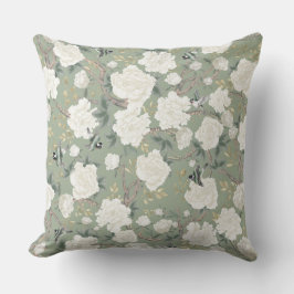 Elegante Sage Green White Chinoiserie Blume Vögel Kissen