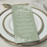 Elegante Sage Green & White Frilly Corners Wedding Menükarte<br><div class="desc">Dieses schöne, grün gefärbte Menü wird Ihrem Hochzeitsempfang etwas mehr Stil verleihen. Es zeichnet sich durch ein schlichtes, aber schönes Design mit eleganten Schriftzeichen und verzierten dekorativen weißen Vorhängen und Wirbel in den Ecken aus. Es gibt Platz für die Namen des Paares und das Hochzeitstag, und der Text ist vollständig...</div>