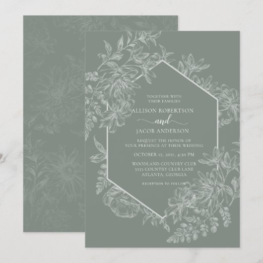 Elegante Sage Green White Geometric Floral Wedding Einladung (Vorne/Hinten)