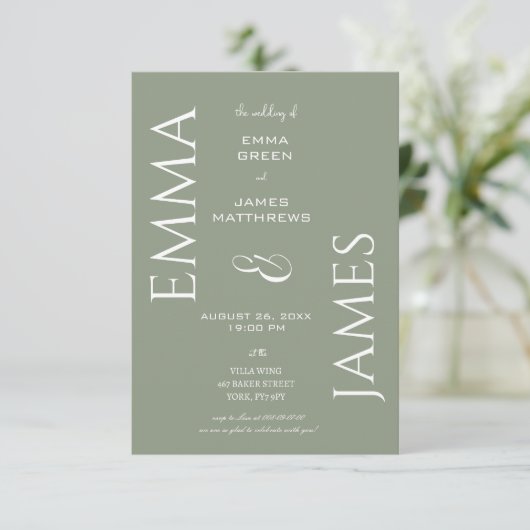 Elegante Sage Green, White Schriftart Bold Script Einladung (Stehend Vorderseite)
